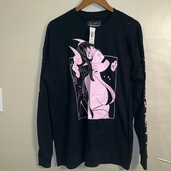 Spencer’s Lewd Complex Graphic T-Shirt Long-Sleeved Black Pink Size Large NWT - Picture 1 of 9